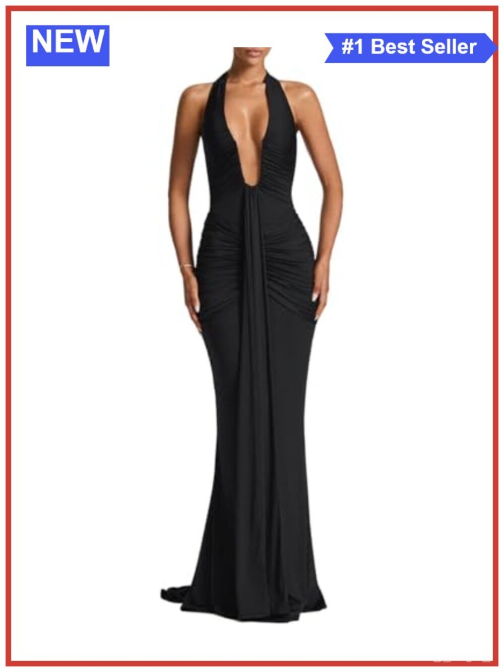 Women's Deep V-Neck Halter Maxi Dress Sleeveless Ruched Formal Gown